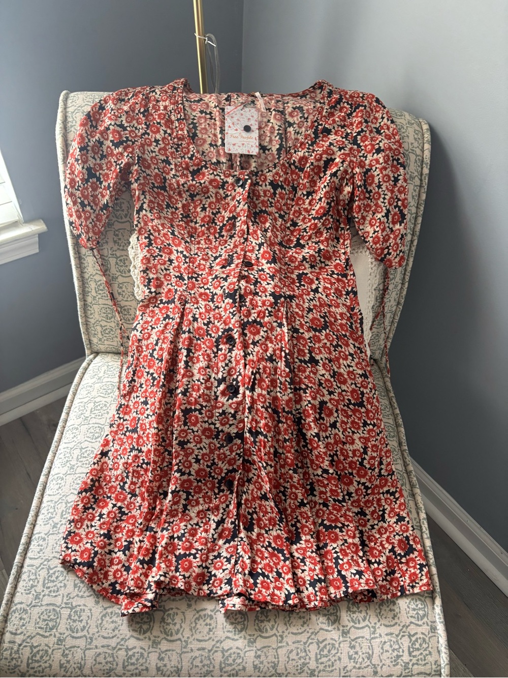 Free People Red and Cream Floral Button-Front Midi Dress